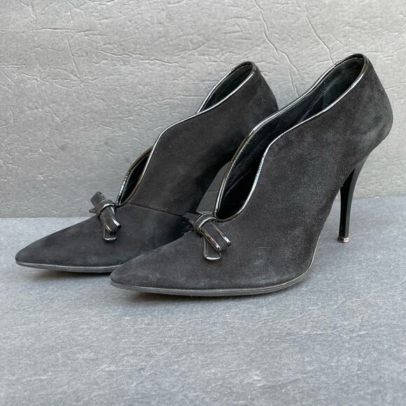 Vintage Icone Black Suede Heels 38.5/US 7.5 Italy Patent Bow 90s - Picture 1 of 10